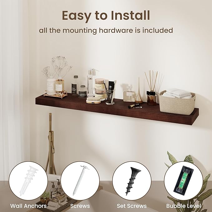 fuqing Floating Shelves for Wall - 48 Inch Natural Wood Shelves Set of 1-48W x 9.3D x 1.6H Wall Mounted Shelves with Upgraded Metal Brackets for Room Wall