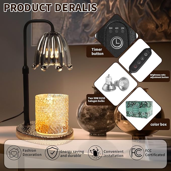 Candle Warmer Lamp with Timer: Adjustable Height and 4 Dimmer, Crystal Glass Base, Heater Wax Warmer for Jar Scented, Home Décor and Housewarming & Birthday Gift for Mom Woman, 2 Bulbs (Crown Grey)