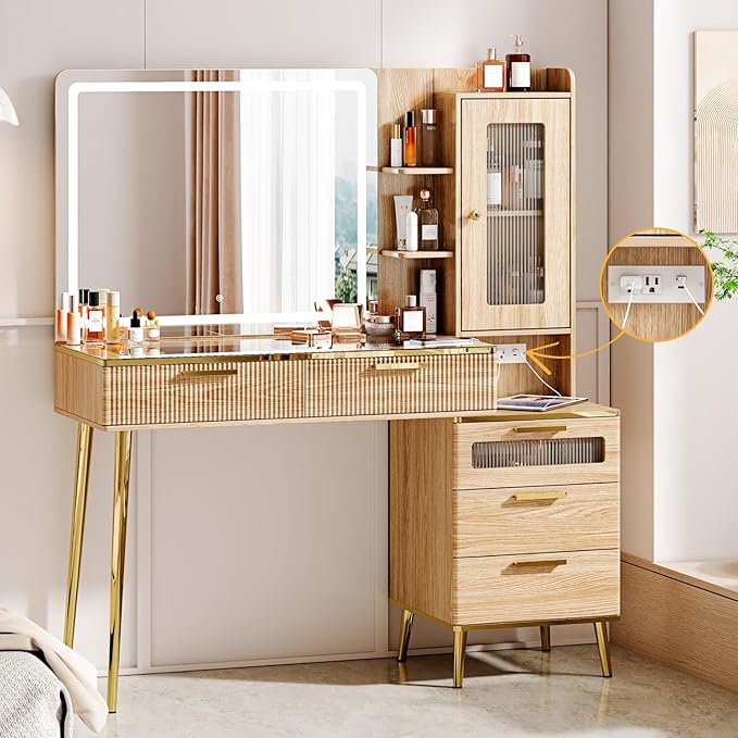 Vanity Desk with 29.53" HD Lighted Mirror, 47.24" Big Modern Vanity Desk with Mirror and Lights, Makeup Vanity with 5 Drawers and Storage Shelves and Charging Station, Oak