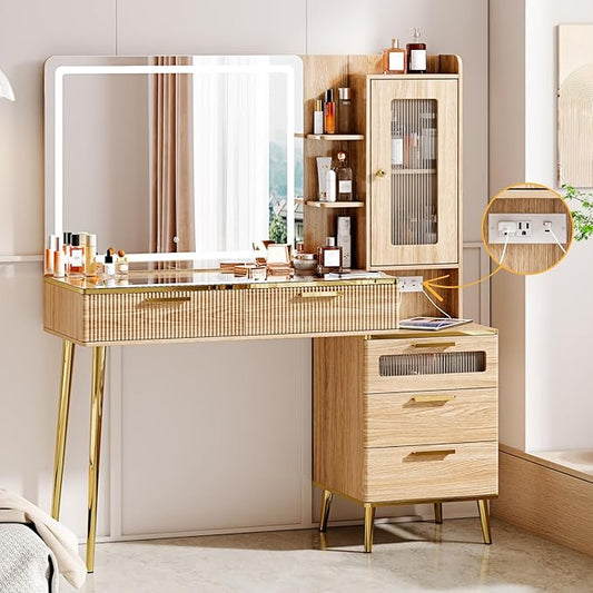 Vanity Desk with 29.53" HD Lighted Mirror, 47.24" Big Modern Vanity Desk with Mirror and Lights, Makeup Vanity with 5 Drawers and Storage Shelves and Charging Station, Oak