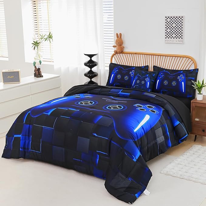 PERFEMET 6 Pieces Gamer Comforter Sets Kids Queen Size Blue Gamer Comforter Bed in A Bag for Boys Teen 3D Cool Video Gaming Black Bedding Set(Blue, Queen)