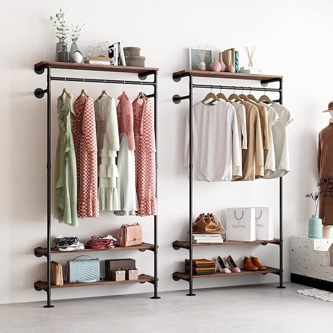 Industrial Pipe Clothing Racks with Shelves, Wall Mounted Clothes Rack for Hanging Rods, Heavy Duty Black Clothing Racks With Three Shelves Retail Display Garment Rack for Home