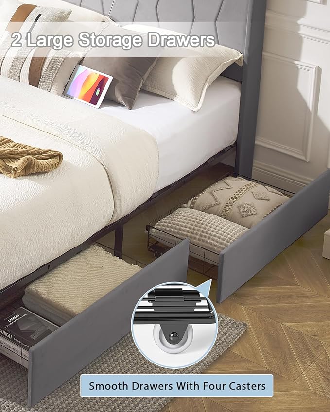 Queen Bed Frame, Velvet Upholstered LED Platform Bed with Headboard Storage, Queen Bed Built-in Charging Station with 4 Drawers, Wood Slat Support, No Box Spring Needed, Grey
