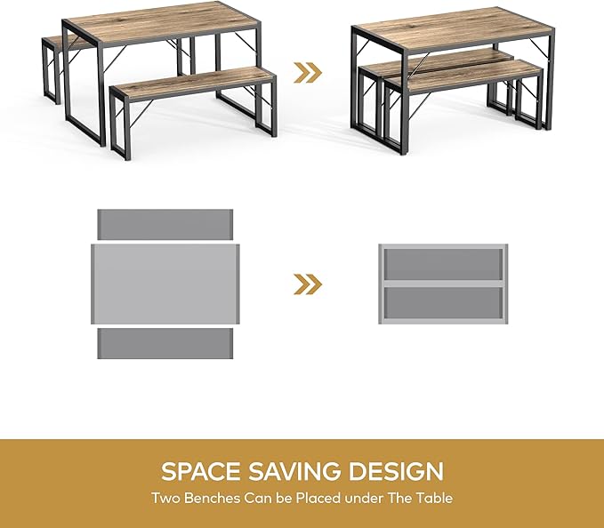 Gizoon 45.5" Dining Table Set for 4 with 2 Benches, Kitchen Table Set with Metal Frame & MDF Board, Space-Saving Dinette for Kitchen, Dining Room -Grey