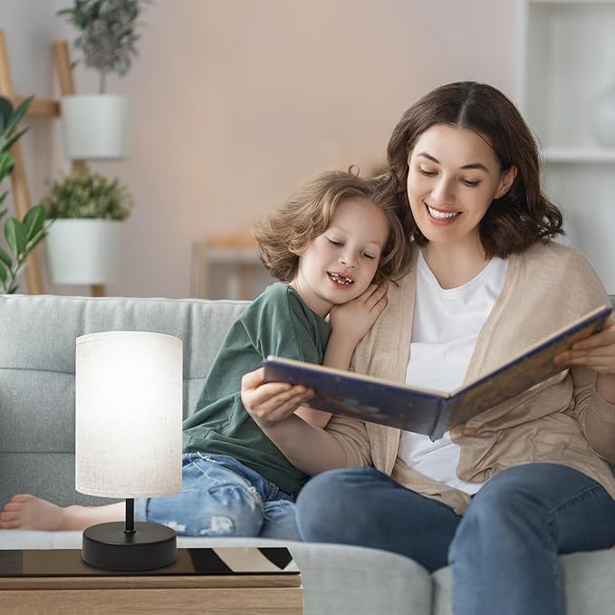 Small Table Lamp, Minimalist with Flaxen Shade, 9 Inch Design for Bedroom & Dorm Room, 2 Pack