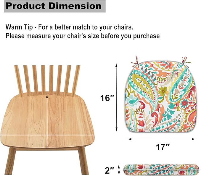 Set of 2 Outdoor Chair Cushions with Ties,Water Repellent Patio Chair Pads 17"x 16" for Outdoor Furniture,Round Corner Seat Cushions for Garden Yard Kitchen Pretty Paisley