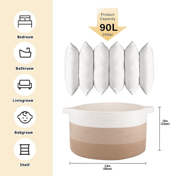 OIAHOMY Extra Large Storage Basket, 23" x 13" Woven Blanket Storage for Living Room, Round Laundry Basket for Pillow-Gardient Light Brown