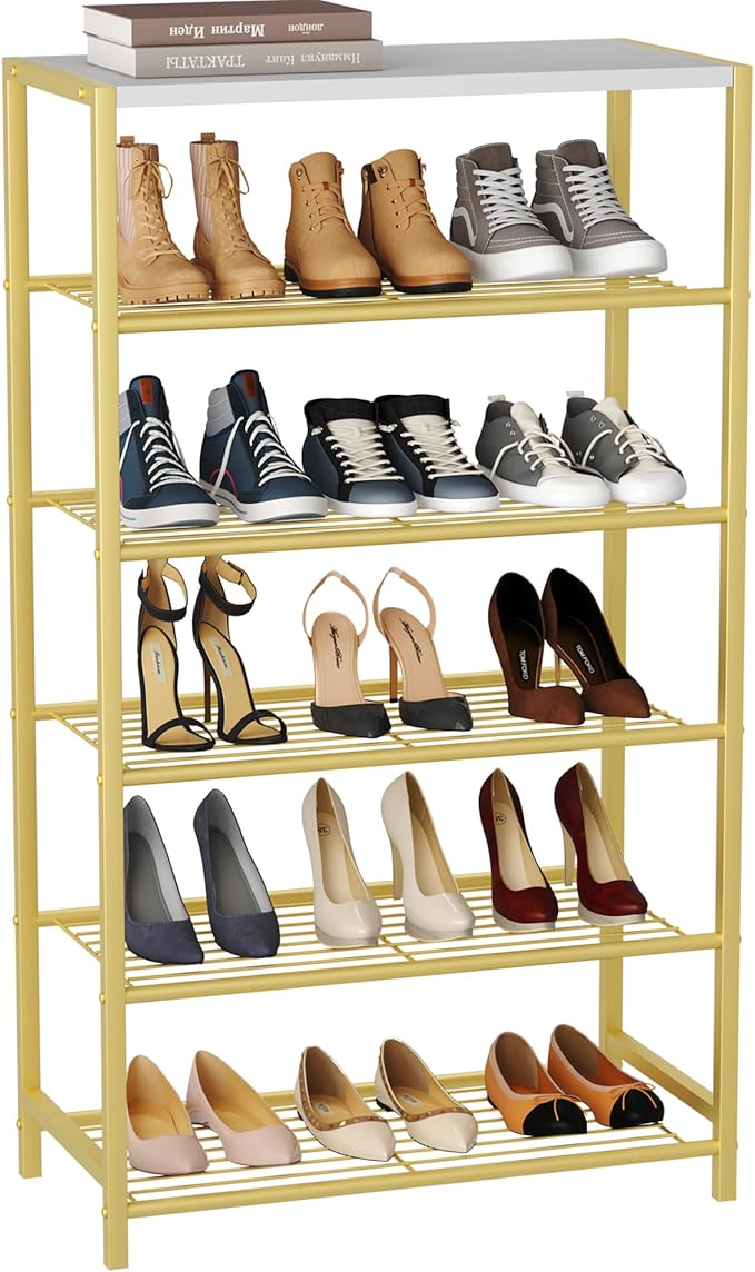 HOMEFORT Shoe Rack 6-Tier, Shoe Storage Shelf, Industrial Shoe Tower, Narrow Shoe Organizer for Closet Entryway, Small Shoe Rack Table with Durable Metal Shelves,Gold