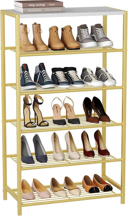 HOMEFORT Shoe Rack 6-Tier, Shoe Storage Shelf, Industrial Shoe Tower, Narrow Shoe Organizer for Closet Entryway, Small Shoe Rack Table with Durable Metal Shelves,Gold
