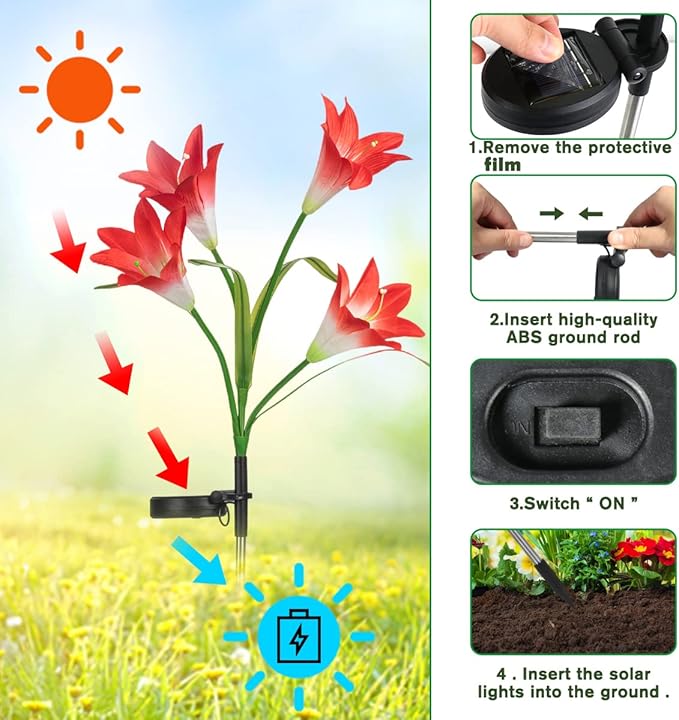 Veesee Solar Lily Flower Lights - Outdoor Solar Powered Decorative Lights, Colors Changing for Garden, Patio, Yard, Decoration - Red