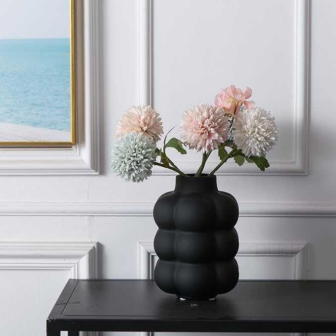 Black Ceramic Vase - Small Spherical Flower Vase for Centerpiece, Three Floors Design for Modern Home Decor, Boho Decorative Vase - 6.7" Tall