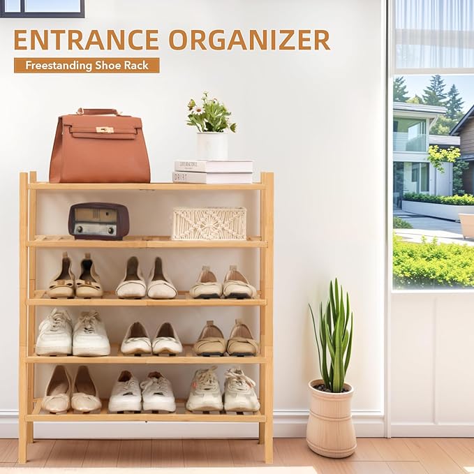 5 Tier Bamboo Shoe Rack Storage Organizer for Closet, Multifunctional Stackable Free Standing Shoe Shelf Organizer for Small Space,Entryway,Hallway,Bathroom 27"x11"x32"(Natural, 5 Tier)