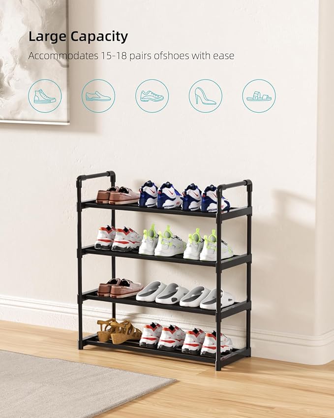 Metal Storage Shoe Rack,Large Capacity Shoe Organizer, Free Individual Assembly for 12-15 Pairs, for Entryway,Closet, Bedroom, Black (4 Tiers)
