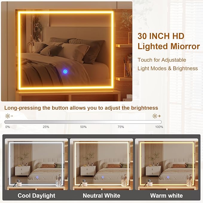 Fluted Vanity Desk with LED Lights Mirror & Power Outlet,Modern Glass Top Elegant Vanity Desk with 5 Drawers and Storage Shelf,Dressing Table for Bedroom Girls Women