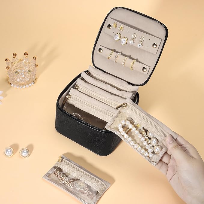 DesignSter Small Jewelry Box, Travel Small Jewelry Organizer with Earring Tray and Ring Holder, Square Travel Jewelry Storage Case with 6 Velvet Jewelry Pouches, Black