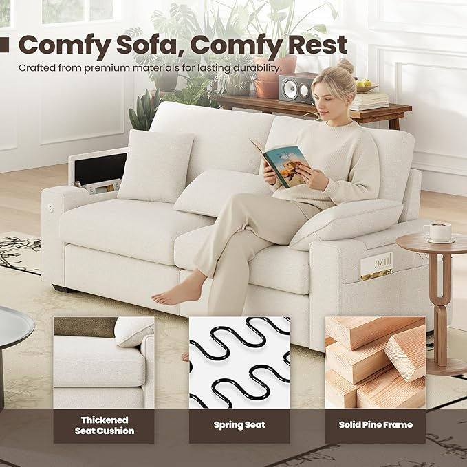 76" Loveseat Sofa, Cloud Foam Couch, 3 Seater Upholstered Midcentury Mondern Love Seat with USB Type C Ports, 4 Pillows and Flip-Open Storage Armrest for Living Room/Small Spaces, Beige