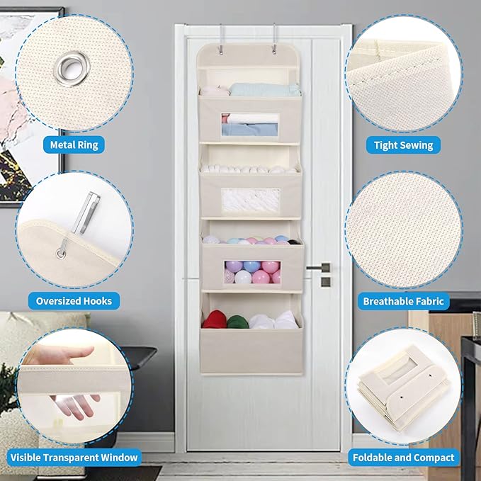 MAX Houser 4-Shelf Over The Door Hanging Organizer with 2 Metal Hooks, 4 Pocket Swing-Proof Behind Door Organizers with Clear Windows for Nursery Bathroom Closet,Dorm,Baby Diapers, Kids Toys (Beige)
