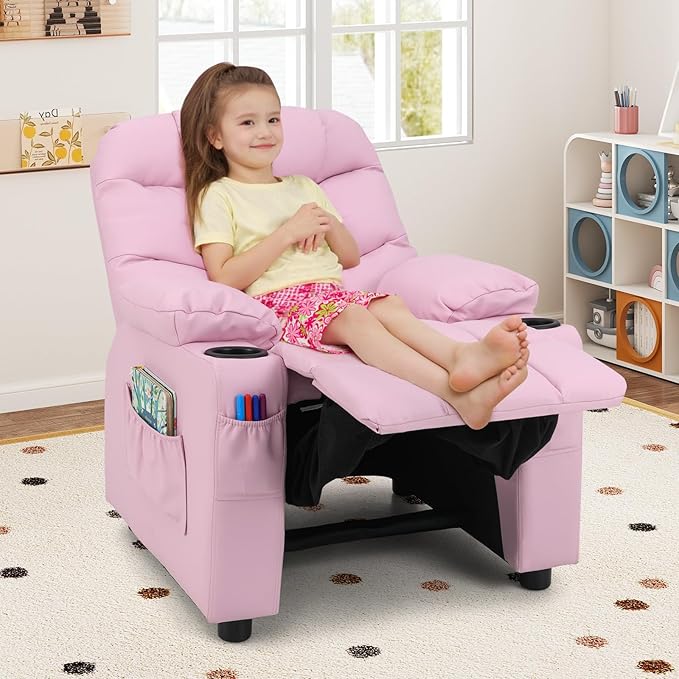 Kids Recliner, Kids Recliner Chair w/ 2 Cup Holders, PU Leather Kids Chairs Comfy w/Adjustable Backrest & 3 Pockets, Toddler Furniture Sofa for Boys Girls Aged 3+ (Pink)