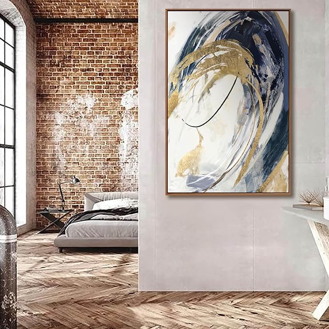 Large Wall Art Framed Artwork Gold Wall Decor Living Room Decorations Blue Wall Decor Abstract Painting Gold Line Artwork Line Office Decor Ready to Hang 32X48 Inch