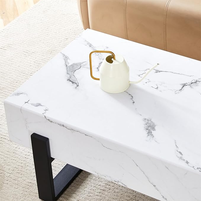 47'' Rectangle Coffee Table for Living Room, Marble Pattern Desktop, Stable Metal Tea Table Legs for Dining Room Apartment Small Space (White)