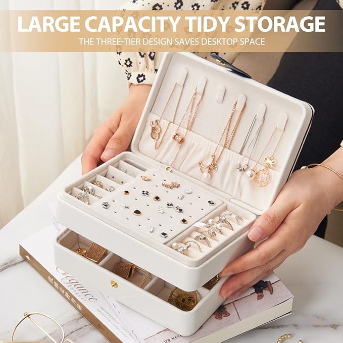 Jewelry Boxes For Girls And Women, Pu Leather Made Portable Jewelry Organizer Travel Case,3 Layers Girl Jewelry Box For Rings, Earings, Necklaces, Bracelets, Watches And Lipsticks (white)