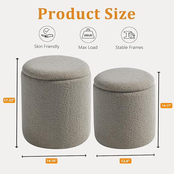 Round Ottoman with Storage Set of 2-Upholstered Sherpa Vanity Stool for MakeupMultifunctional Ottomans Coffee Table Padded Seat Foot Rest for LivingRoom&Bedroom(Sherpa Gray)