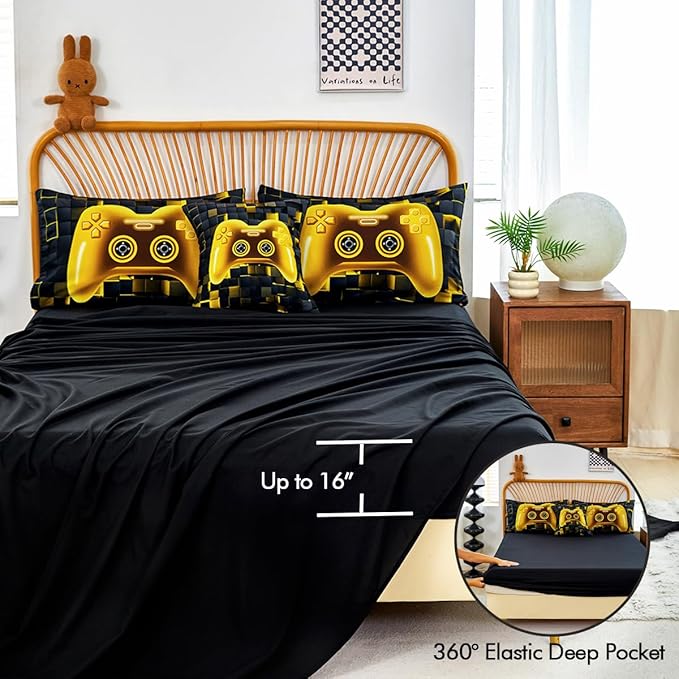 PERFEMET Kids Bedding Sets for Boys Full Size 6 Pcs Black Gold Game Console Comforter with Sheet Set Soft Fluffy Video Gamer Bed Set Lightweight Comfy Gaming Bed in A Bag for All Season(Gold, Full)