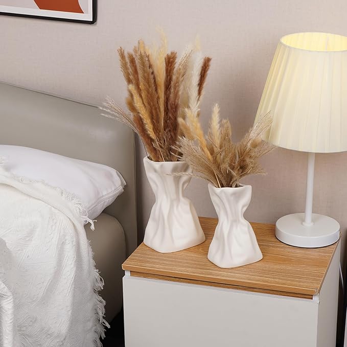 Paper Bag Vase Set of 2, White Ceramic Vases, Flower Vases, Aesthetic Minimalist Boho Vase for Modern Trendy Home Room Table Centerpiece Decor