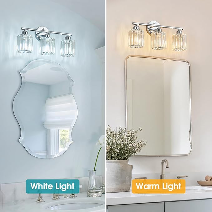 Modern 3 Light Crystal Vanity Light, Chrome Vertical Bathroom Light Fixture Over Mirror for Dressing Table Sink, Compatible with Dimmable Bulbs (Bulbs Not Included)