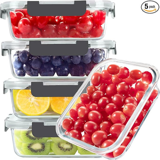 BAYZZ Glass Food Storage Containers, 5 Pack 35 Oz Glass Meal Prep Containers, Lunch Boxes with Airtight BPA-Free Lids, Microwave, Freezer and Dishwasher Safe