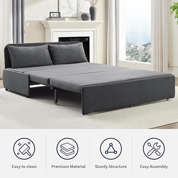 Queen Size Sofa Bed, Pull Out Sofa Bed with Cushions & Throw Pillows, Linen Couch Beds, Modern Convertible Sleeper Sofas Beds, Loveseat for Living Room for Small Spaces - Dark Grey