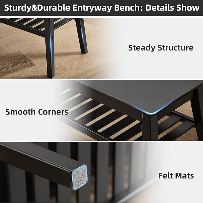 Nnewvante Bamboo Entryway Bench, 33.46" End of Bed Bench, 2 Tier Black Bench for Bedroom, Indoor Bench for Living Room, Dining Room, Hallway, Holds up to 300lbs