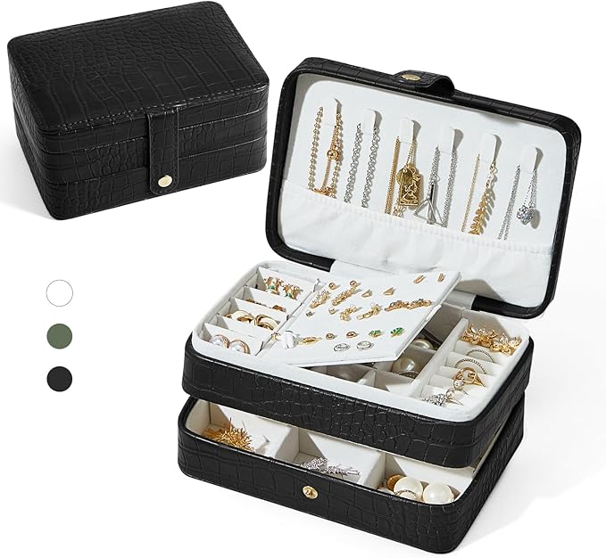 PU Leather Small Jewelry Box for Women Girls, Double Layers Travel Portable Jewelry Case for Ring, Pendant, Earring, Necklace, Bracelet Organizer Storage Holder Boxes, Black