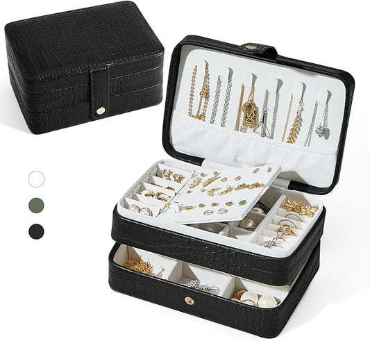 PU Leather Small Jewelry Box for Women Girls, Double Layers Travel Portable Jewelry Case for Ring, Pendant, Earring, Necklace, Bracelet Organizer Storage Holder Boxes, Black