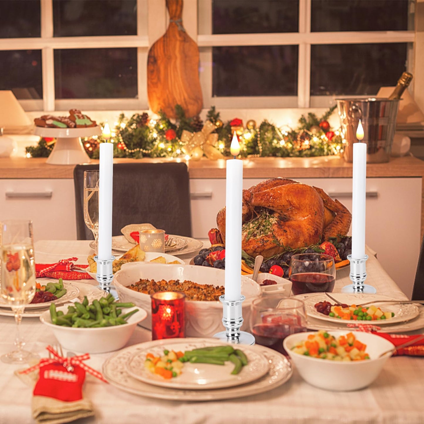 LED Flameless Window Candles with Remote Timer Sliver Base 10 PCS Battery Operated Flickering Taper Candle Lights with Removable Candle Holders Best Gift for Xmas Wedding Home Dinner Décor