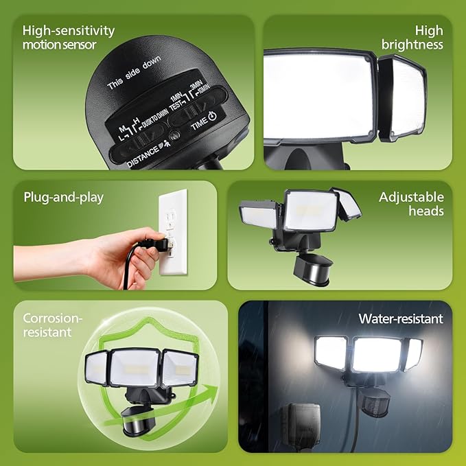 Philips 36W Motion Sensor Security Lights Outdoor, 3800 LM LED Dusk to Dawn Plug in Flood Light, 3 Adjustable Heads, 5000K Daylight, Waterproof for Garage, Yard, Porch