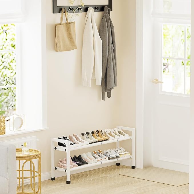 Mavivegue Expandable Shoe Rack, 2-Tier 19"-43.3" Adjustable Shoe Rack for Closet,Hall Entryway,Front Door,Garage, Sturdy Steel Space-Saving Rack, White