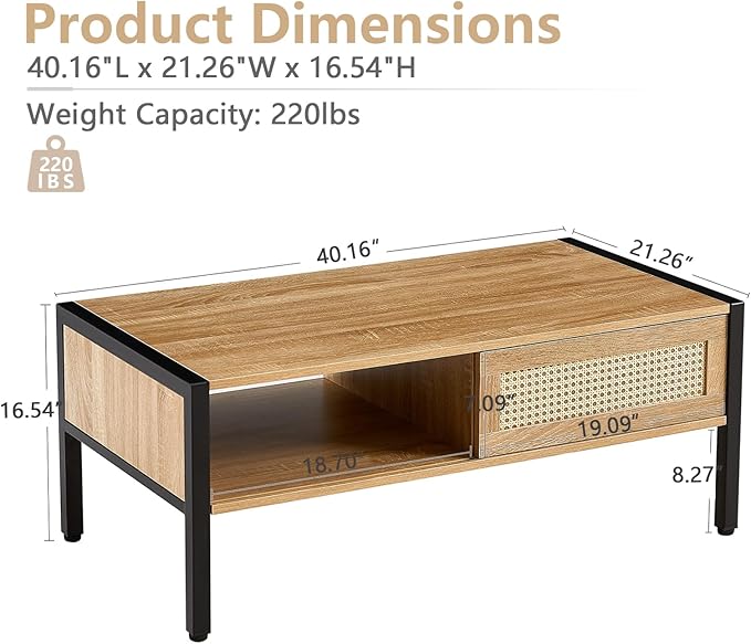 Rattan Coffee Table 40.16" Mid Century Modern Coffee Table with Storage, Farmhouse Rectangle Wooden Accent Center Sofa Table with Rattan Sliding Door for Living Room (Natural)