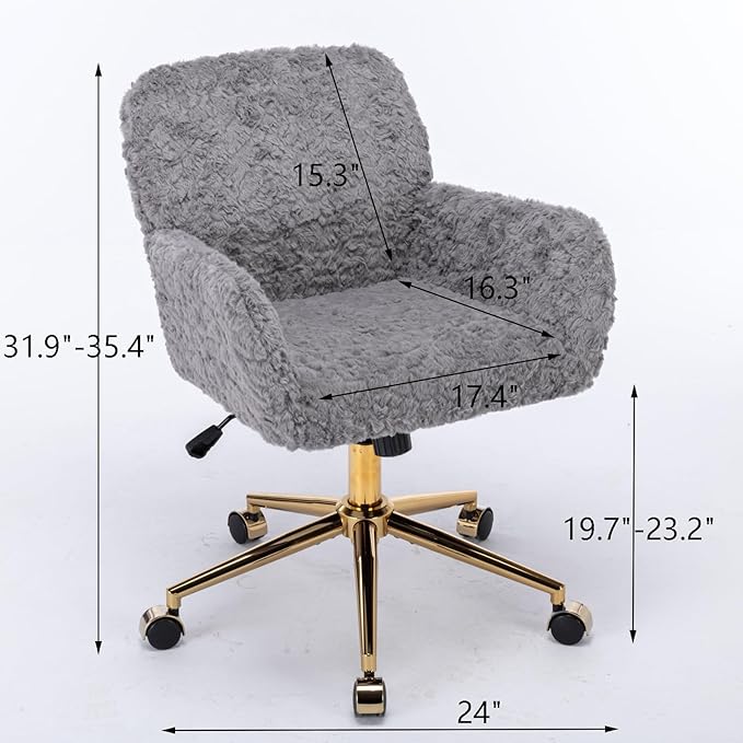 Goujxcy Faux Fur Home Office Chair, Upholstered Elegant Makeup Vanity Chair for Teen Girls Teddy Fabric Swivel Desk Chair, Height Adjustable Leisure Elegant Chair for Home Office (Gray)