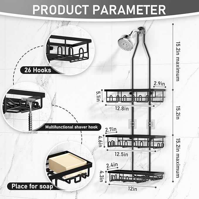 Shower Caddy,Rustproof Shower Shelves Over Shower Head,Extended Length shower rack with Soap Holder,Black