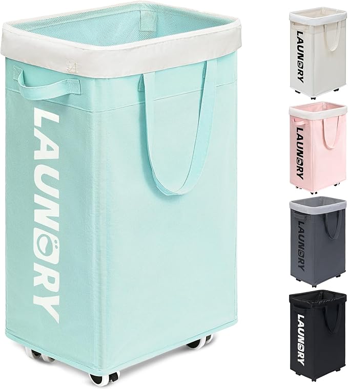 Goodpick Rolling Laundry Basket with Wheels,75L Large Collapsible Laundry Hamper with Removable Wash Bag Space for living room, Blue