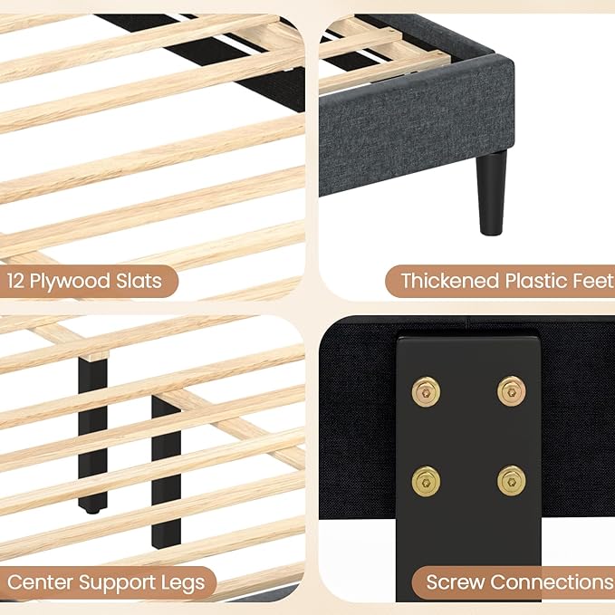 Giantex Full Size Platform Bed Frame, Modern Upholstered Bed Frame with Vertical Channel Tufted Headboard, Wooden Slats Support, No Box Spring Needed, Gray