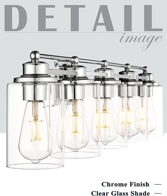 Chrome Vanity Light Fixtures, HWH 5-Light Bathroom Light Over Mirror, Modern Wall Sconce Lighting for Bathroom 37-inch, Chrome Finish, 5HLT63B-5W CH