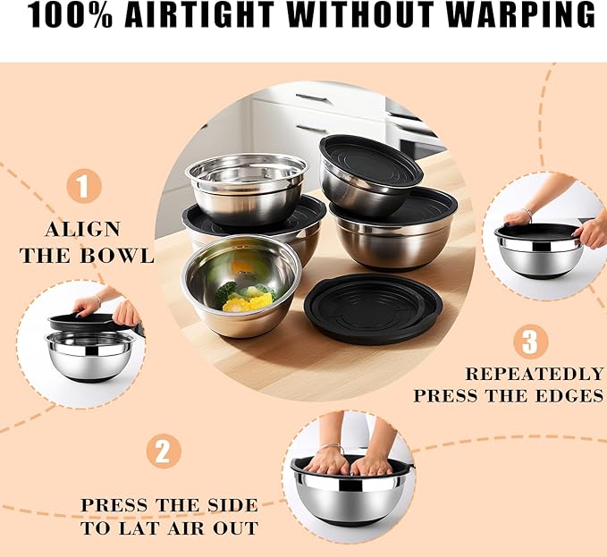 Lazycorner Mixing Bowls with Airtight Lids Set 5 Pcs Stainless Steel Bowls Set Baking Set Non-Slip Silicone Bottoms Great for Serving & Baking