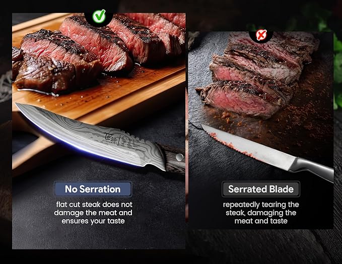 Steak Knives Set of 8, 4.8 Inch High-Carbon Japanese Stainless Steel Non-serrated Steak Knife with Wood Handle, Damascus Pattern Full Tang Design, Razor-Sharp Dinner Knives with Gift Box