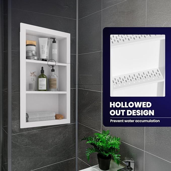 Stainless Steel Shower Niche 14" X 24"，3-Tier Shelf Niches Bathroom Shelf Recessed Wall Niche No Tile Needed Shower Shelf for Bathroom Storage (White, 14 x 24)