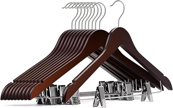 Wooden Hangers with Clips 24 PCS Pant Hangers with Clips,Smooth Solid Wooden Pants Hangers,360 Swivel Hooks & Adjustable Clips,for Jeans,Skirt,Suit,Shorts,Scarf.（Walnut）