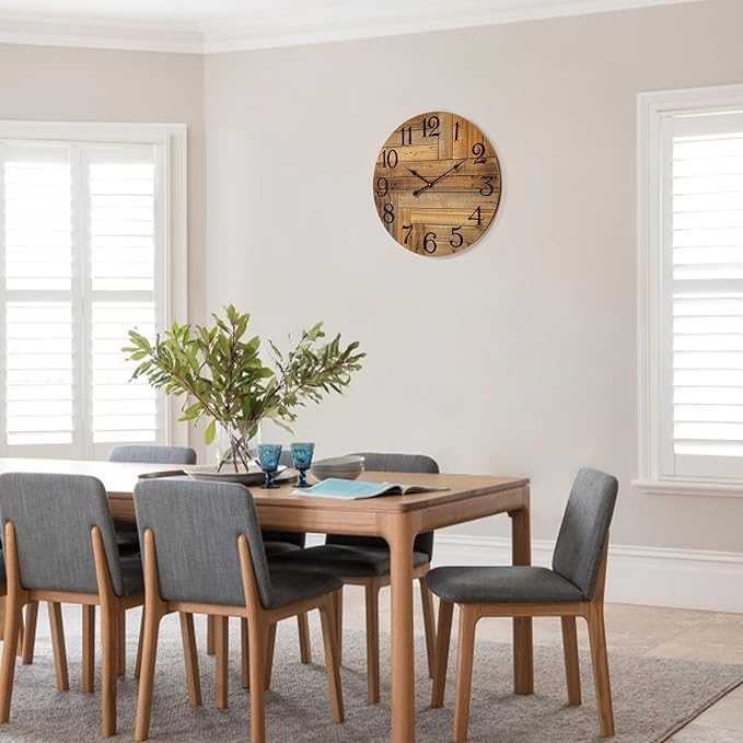 BEW Large Wall Clocks, 24 inch Wood Wall Clock Battery Operated, Rustic Farmhouse Shabby Chic Decorative Wall Clock Silent for Bedroom, Kitchen, Office, Living Room Decor