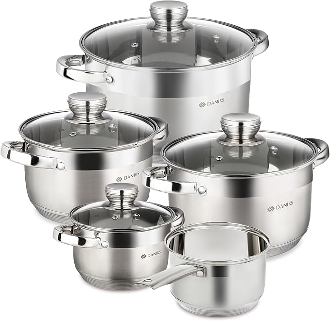 Daniks Standard 9-Piece Stainless Steel Induction Cookware Set, Saucepan, Dishwasher Safe Pots, Measuring Scale, Glass Lids, For Soup, Pasta, Stew, Silver