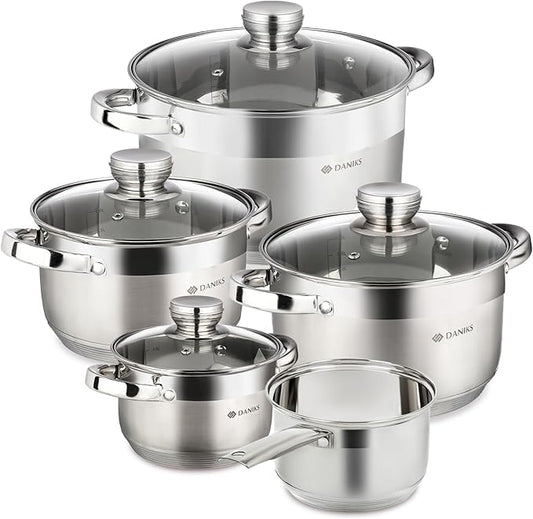 Daniks Standard 9-Piece Stainless Steel Induction Cookware Set, Saucepan, Dishwasher Safe Pots, Measuring Scale, Glass Lids, For Soup, Pasta, Stew, Silver